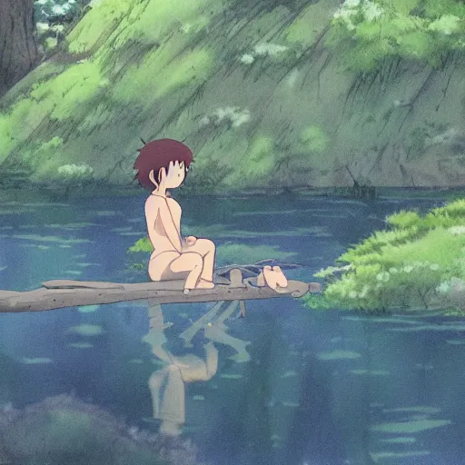 Prompt: two childrens playing in a lake with a branch, by Dice Tsutsumi, Makoto Shinkai, Studio Ghibli