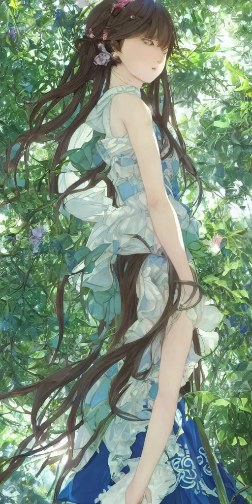 Prompt: a digital art of a loli with long hair in a dress in the privet garden at after noon, green and warm theme, blue accents, by krenz cushart and mucha and akihito yoshida and greg rutkowski and makoto shinkai, low angle, long shot, back lighting, detailed eyes, 4 k resolution, trending on art station