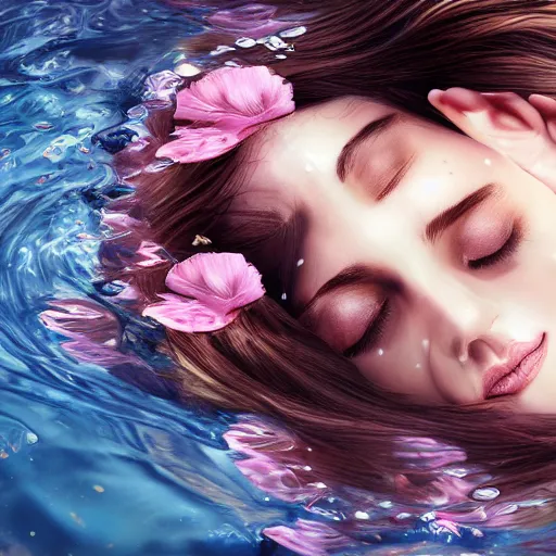 Image similar to epic portrait of a girls face laying in water, surrounded by loose petals, beautiful, high detail, concept art, realistic