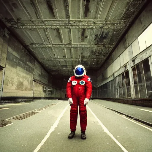 Image similar to lomo photo of astronaut in abandoned London, gloomy, foggy, dark