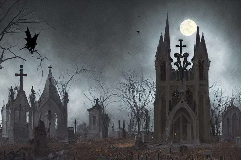 Image similar to an ultra detailed animation of a church steeple with bats in a graveyard at midnight on halloween, digital art, dark fantasy, concept art, soulslike, by alphonse mucha, blood moon eclipse, ruined building in the background, artstation, 8 k, unreal engine render