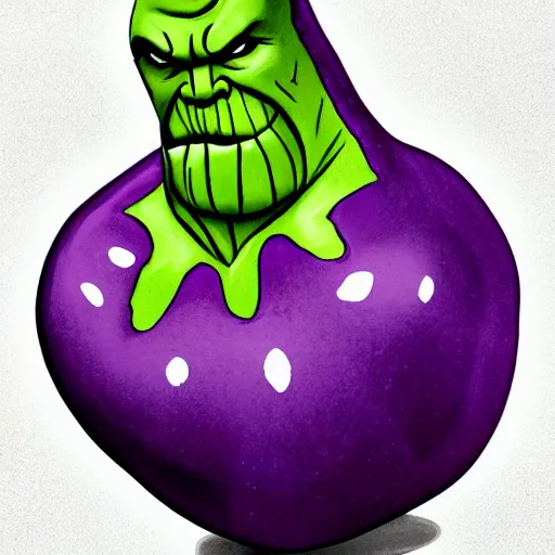 Prompt: thanos as an eggplant with eggplant features with the face of thanos, realistic, hyperrealistic, ultra realistic, real, real world, highly detailed, very detailed, extremely detailed, intricate details, 8 k resolution, hd quality