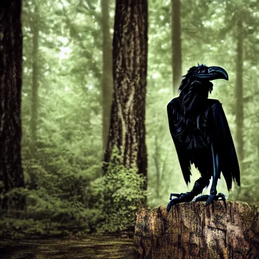 Image similar to werecreature consisting of a human and crow, photograph captured in a forest