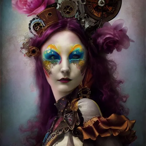 Prompt: photorealistic soft paint of a curiosities carnival, single young beautiful masqued dollpunk in a full steampunk corset, symmetry accurate features, ominous depths, elegance, focus, rainbow lighting, very high details, award winning masterpiece, behance, by tom bagshaw