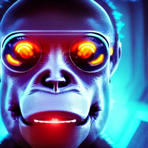 Image similar to a cyberpunk monkey, sci-fi, close-up, cybernetic implant, neon, cyberpunk, center frame portrait, 2D, matte-painting