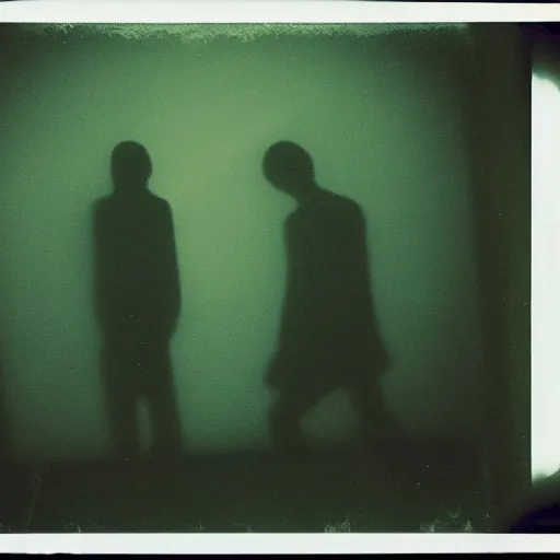 Image similar to polaroid of a shadowy dream, silhouettes, reflection, double exposure, high contrast