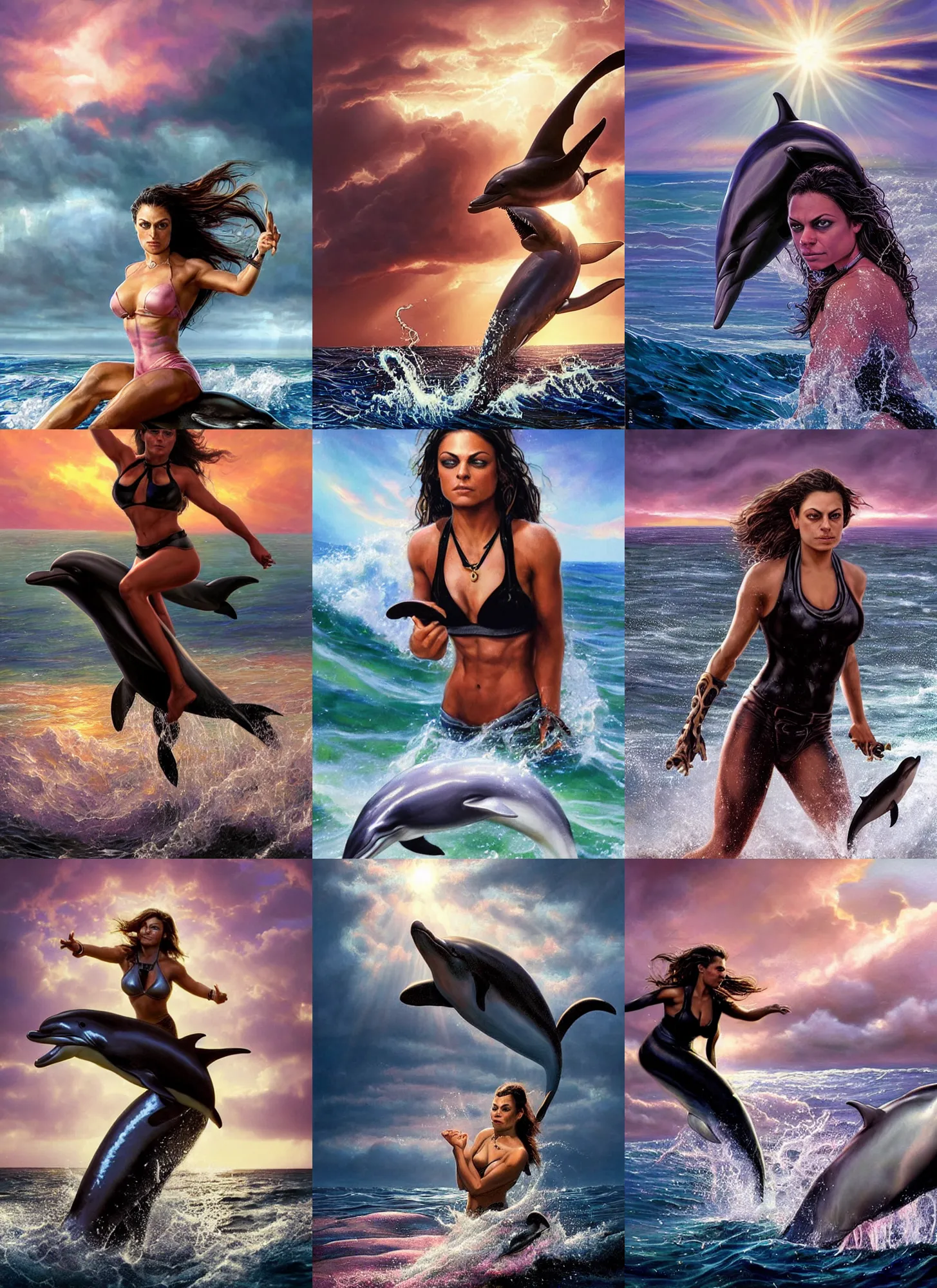 Image similar to epic portrait of six-pack muscled Mila Kunis wearing black choker riding a dolphin jumping from the water, sun rays across sky, pink golden hour, stormy coast, intricate, highly detailed, shallow depth of field, tentacles in the distance, epic vista, Ralph Horsley, Daniel F. Gerhartz, Artgerm, Boris Villajo, Lilia Alvarado