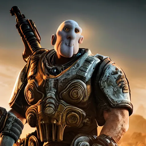 Image similar to squidward squidward in gears of war, splash art, movie still, detailed face, photorealistic facial features, cinematic lighting, dramatic, octane render, long lens, shallow depth of field, bokeh, anamorphic lens flare, 8 k, hyper detailed, 3 5 mm film grain