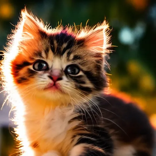 Image similar to an adorable smol fluffy kitten at golden hour, bokeh,