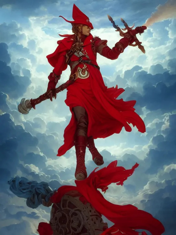 Prompt: A Portrait of a boisterous Red Mage wearing striped shining armor holding a staff of power surrounded by an epic cloudscape. The Magus Omega . Red Wizard. Morpheus. Symmetrical. masterpiece. 4k digital illustration. by Ruan Jia and Artgerm and Andreas Rocha and William-Adolphe Bouguereau and Jean-Baptiste de Champaigne. award winning, Artstation, intricate details, realistic, Hyperdetailed, 8k resolution. Smooth. Unreal Engine. Octane Render. 3D. Movie Still.