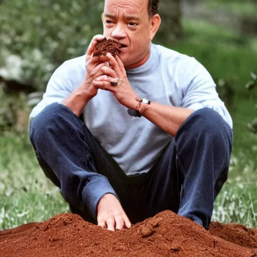 Image similar to Tom Hanks eating a pile of dirt on all fours in his boxers