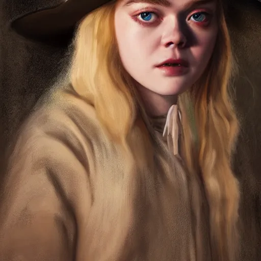 Image similar to ultra realistic portrait painting of elle fanning as a western outlaw, art by erick arciniega, 4 k, ultra realistic, highly detailed, epic lighting