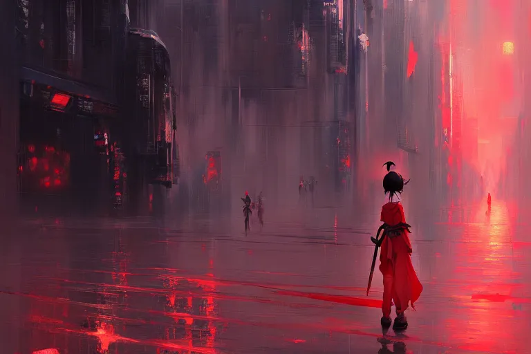 Prompt: baroque oil painting of anime key visual concept art of a samurai girl, red futuristic concrete cityscapes, trending on artstation, palette knife and brush strokes, oil on canvas, style of makoto shinkai greg rutkowski studio ghibli