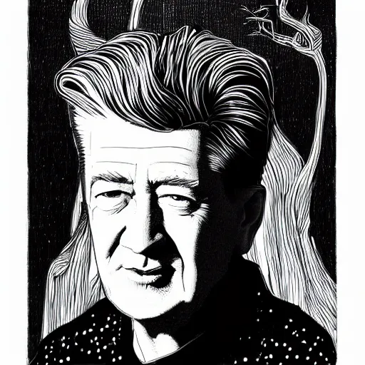 Prompt: portrait of David Lynch by Joe fenton, b&w and yellow