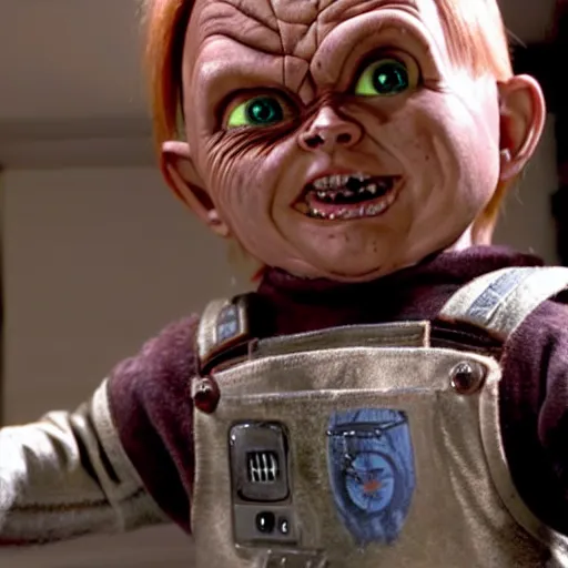 Prompt: a film still of chucky in star wars realistic, detailed