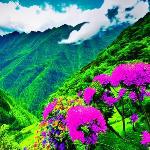 Prompt: beautiful scenery of a mountain with lush vegetation, colorful flowers, blue sky, joy, and happyness