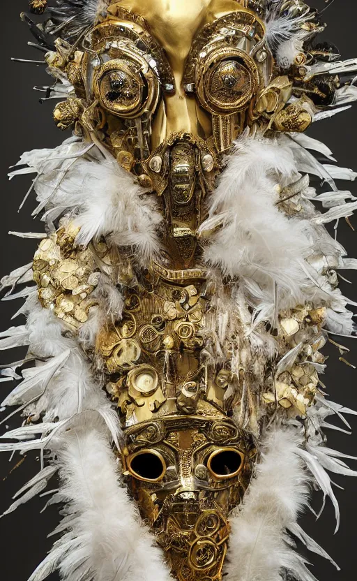 Image similar to full size golden armor, cultist robe, flower mask, ornate, made of sniny latex, feathers, crystals, and smoke by giger and irene van herpen + cyberpunk + steampunk + bees + flowers, insects, honeycombs + sharpened + extremely detailed + harsh gallery lighting + cinematic