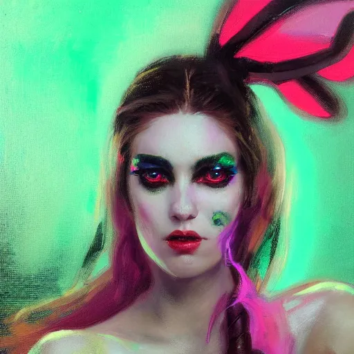 Image similar to painted close - up portrait of a neon sensual bunny girl. oil painting, wearing neon attire, fantasy art by greg rutkowski and john singer sargent and gaston bussiere, demon noble character design