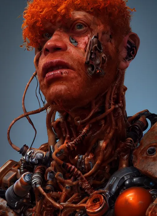 Image similar to biopunk portrait of curly orange hair man from doom 3, au naturel, hyper detailed, digital art, trending in artstation, cinematic lighting, studio quality, smooth render, unreal engine 5 rendered, octane rendered, art style by klimt and nixeu and ian sprigger and wlop and krenz cushart.