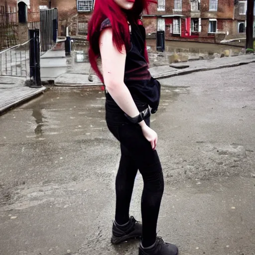 Image similar to a pale emo girl, messy black / red hair, british street background, canon powershot a 5 0, 2 0 0 6