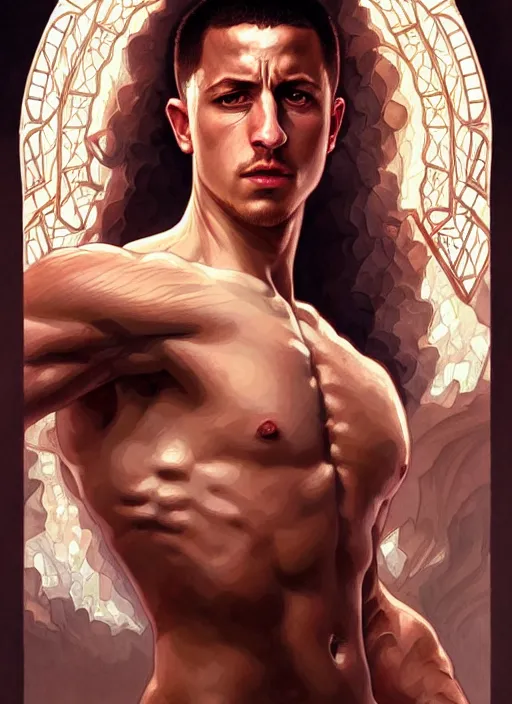 Image similar to portrait of aggressive eden hazard, d & d, muscular! white, fire, fantasy, intricate, elegant, highly detailed, digital painting, artstation, concept art, smooth, sharp focus, illustration, art by artgerm and greg rutkowski and alphonse mucha