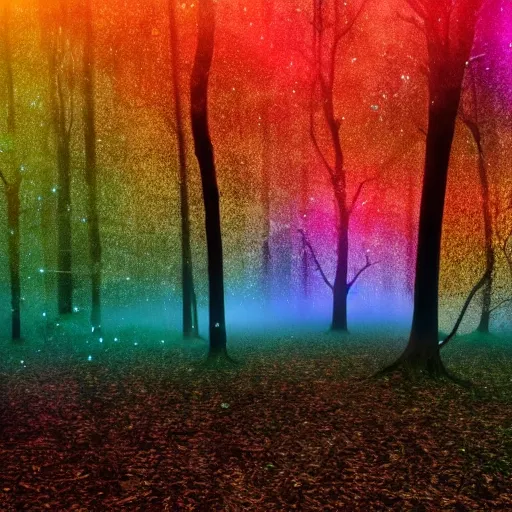 Prompt: old forest with glowing trees and glitter dust in cosmic color fog, tree bark made of rainbow glitter