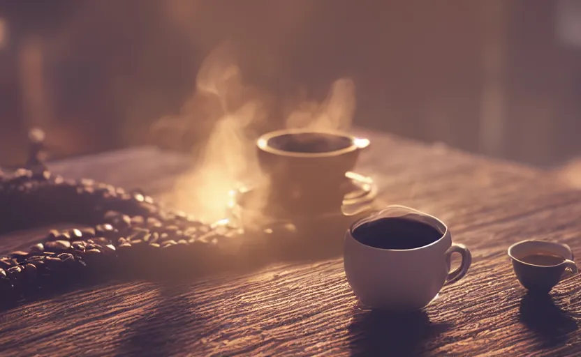 Prompt: a beautiful render of a hot cup of coffee, the steam is forming the three borromean rings, sunset lighting, intricate detail, hazy, humid, volumetric lighting, god rays, 8 k, photorealistic, raytracing effects, unreal engine 5