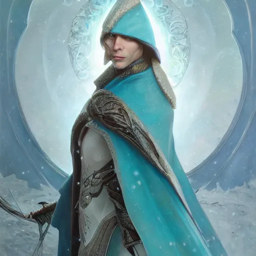 Image similar to an epic concept art of a handsome snow elf in a turquoise cape and silver armour, bow and arrow, albino skin, winter vibes, elegant, very coherent symmetrical artwork, by tomasz alen kopera and alphonse mucha and charlie bowater, photorealistic, sharp focus, octane render, rtx, hdr, unreal 5, trending on artstation