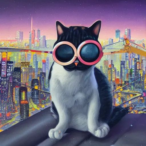 Prompt: a painting of a cat wearing goggles with a city in the background, cyberpunk art by hikari shimoda, trending on artstation, panfuturism, dystopian art, circuitry, sci - fi