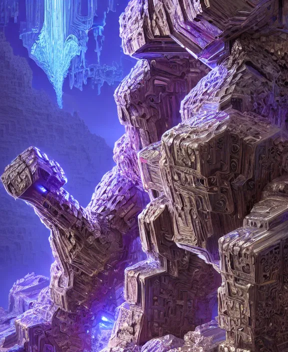 Image similar to concept art of giant fractal bismuth golem consists of bismuth geode crystals, extremely high details, masterpiece, photorealistic, hyperrealism, vray, octane render, volumetric lighting, depth of field, bokeh, artstation, cgsociety by johannen voss, michael whelan, greg broadmore, frank frazetta