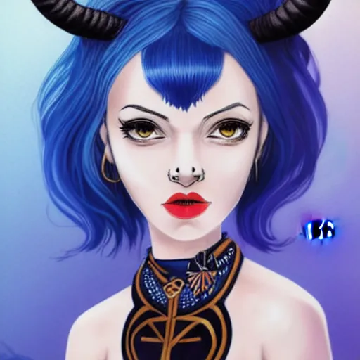 Image similar to illustrated portrait of ram-horned devil woman with blue bob hairstyle and #FFA500 colored skin and with solid black eyes wearing leather by rossdraws