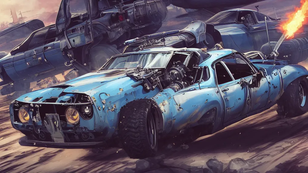 Image similar to anime illustration of mad max's fj 4 0 pursuit special, the last v 8 interceptor driving down to the gates of valhalla highway, riding fury road eternal shiny and chrome, world of fire and blood, by makoto shinkai, ilya kuvshinov, lois van baarle, rossdraws, basquiat, global illumination ray tracing hdr