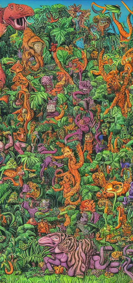 Image similar to a jungle of lies, with creatures of all kinds, full color in the style of jim woodring