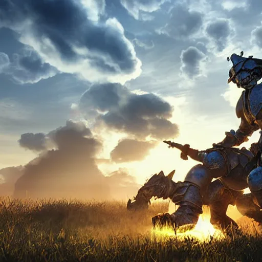 Image similar to warhammer, volumetric lighting, dew, spring evening, clear weather, realistic illustration, golden hour, perfectly shaded, soft painting