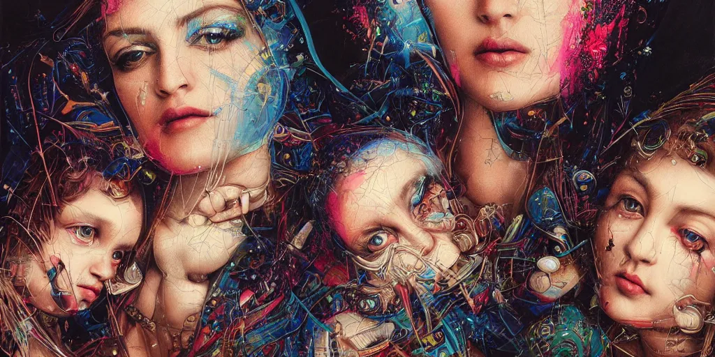 Prompt: portrait of Madonna and Child ,8k,by tristan eaton,Stanley Artgermm,Tom Bagshaw,Greg Rutkowski,Carne Griffiths, Ayami Kojima, Beksinski, Giger,trending on DeviantArt,face enhance,hyper detailed,minimalist,cybernetic, android, blade runner,full of colour, super detailed