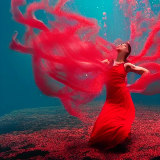 Prompt: woman dancing underwater wearing a flowing red dress made of seaweed, swirling smoke and thousands of silver fish in the background, octane render, caustics lighting from sunlight above, cinematic