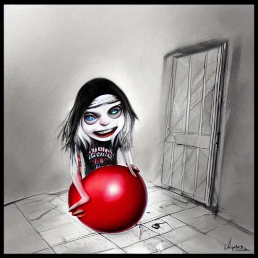 Image similar to surrealism grunge cartoon sketch of billie eilish with a wide smile and a red balloon by - michael karcz, loony toons style, horror theme, detailed, elegant, intricate