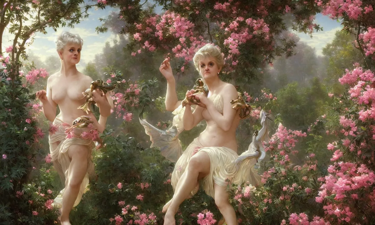 Image similar to a luminous springtime fairytale of beautiful realistic Angela Lansbury with a pretty face dancing with an iridescent dragon in a romantic rose garden. Neon light, masterpiece 4k digital illustration by Artgerm and William-Adolphe Bouguereau, award winning, Artstation, Gustave Dore\' background, intricate details, realistic, panoramic view, volumetric lighting, Hyperdetailed, 8k resolution, intricate art nouveau, golden hour, rendered in Unreal Engine 3