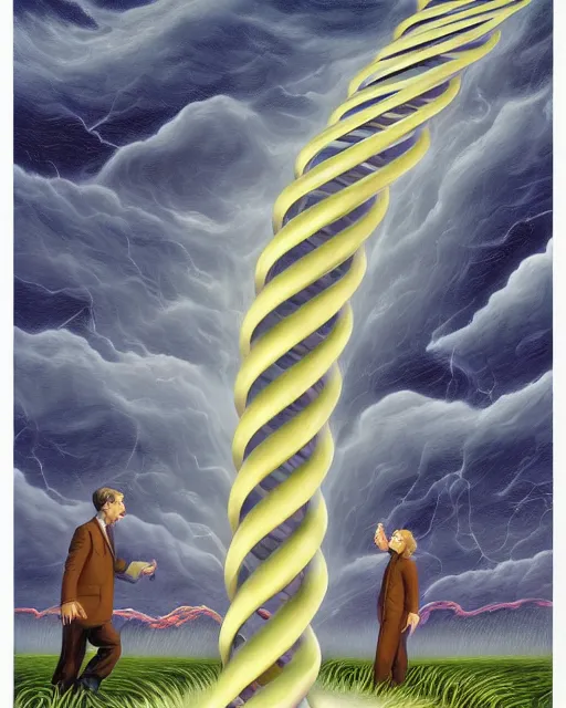 Prompt: in a field, two scientists in lab coats encounter a monster shaped like the DNA double helix, stormy weather, by Rob Gonsalves ahd