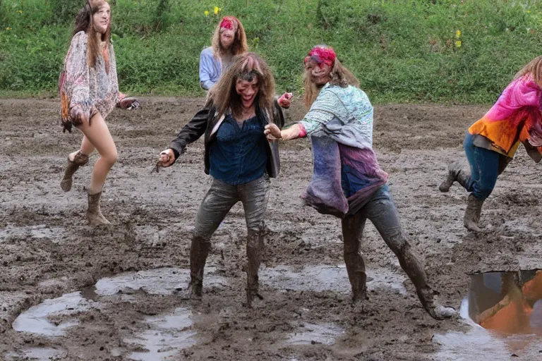 Image similar to hippies playing in a mud puddle