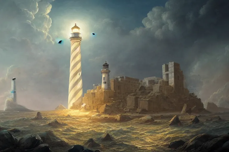 Image similar to Detailed Exterior Shot of The Lighthouse of Alexandria, light of god, light shafts, flock of birds, stunning atmosphere, in Style of Peter Mohrbacher, cinematic lighting