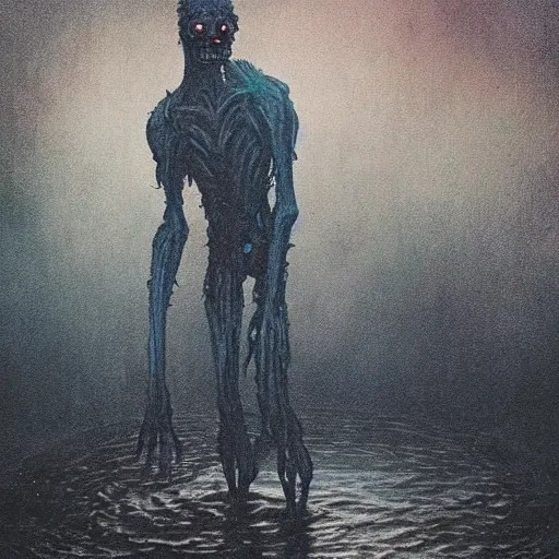 Image similar to creepy ruined abandoned fnaf character, fnaf animatronic rising from the lagoon at night, creepypasta, greg rutkowski, creepy dark beksinski painting, vhs footage, distorted, scary, creepy, haunted photo, really dark, slender, creature of the dark worlds, unsettling image, scp 0 9 6