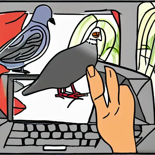 Image similar to A pigeon writing a Famous story using a laptop, Digital art, Anime Style,