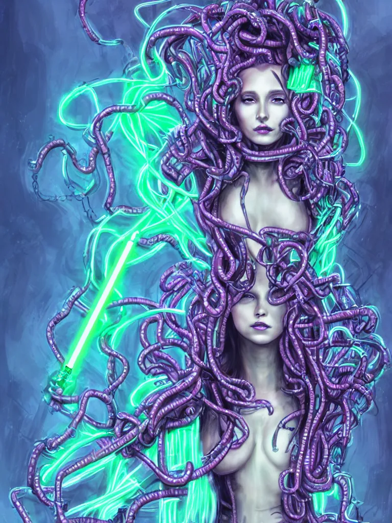 Image similar to half covered body portrait of a beautiful cyber witch medusa, dynamic pose, background machine,, keys unlocking prison, in a cyberpunk garden, mystic unity, becoming one with the machine overlord, elegant pose, body covers with neon crystals, detailed sketch drawing, concept art, star wars