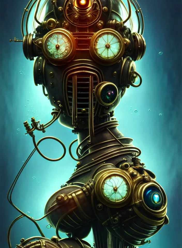 Image similar to symmetry!! close face portrait of a steampunk robot from bioshock, vintage, iridescent metal!! underwater atmosphere, intricate, serene, highly detailed, digital painting, artstation, symmetric concept art, smooth, sharp focus, illustration, art by artgerm and greg rutkowski and alphonse mucha, 8 k