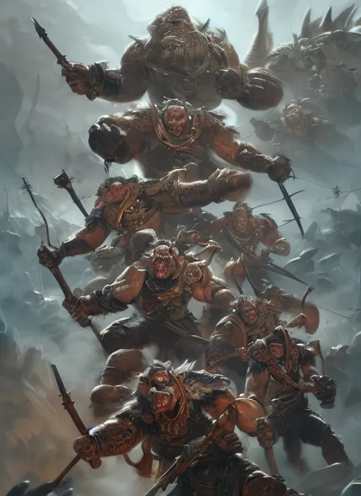 Image similar to a rat ogre barreling into a group of human spearmen, warhammer, ultra detailed, fantasy, dramatic lighting, trending on artstation, award - winning, artgerm and greg rutkowski, 8 k