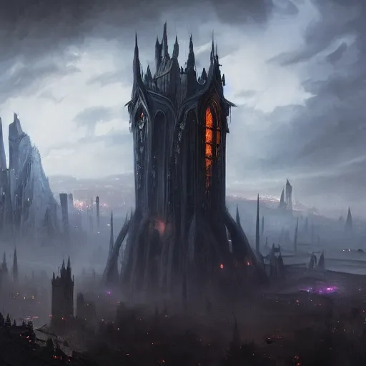 Prompt: an ultra detailed matte painting of a lonely and impossibly tall ominous gothic dark citadel tower of the evil patriarch, in the style of magic the gathering, in a river elevated high above the city, flintlock fantasy capital city, ultrawide lense, aerial photography, scary thunderstorm, exquisite detail, 8 k, art by greg rutkowski and alphonse mucha