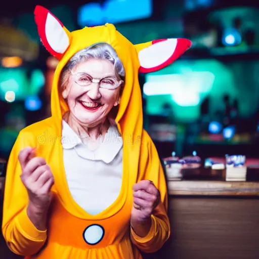 Prompt: a smiling lovely cute granny in a pokemon costume. dimly lit bar background. editorial photography