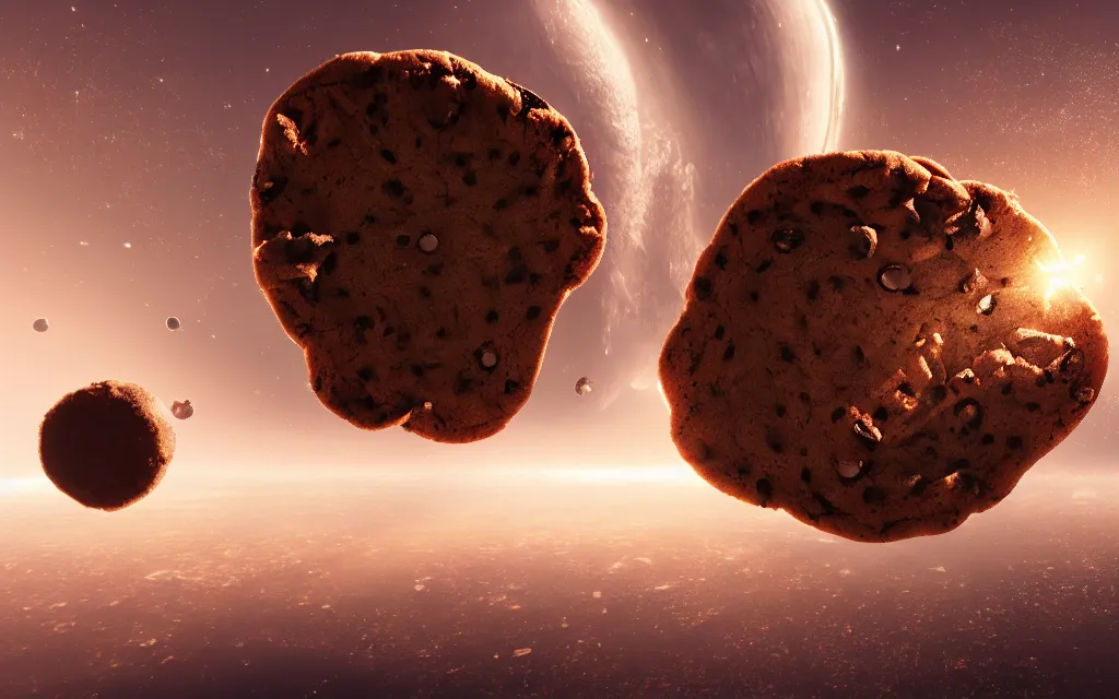 Image similar to A highly detailed 4k render of a gigantic chocolate chip cookie drifting through space towards planet earth, CGSociety, ArtStation, Unreal Engine