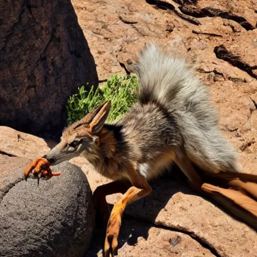 Image similar to wile e coyote eating a road runner steak on a falling boulder